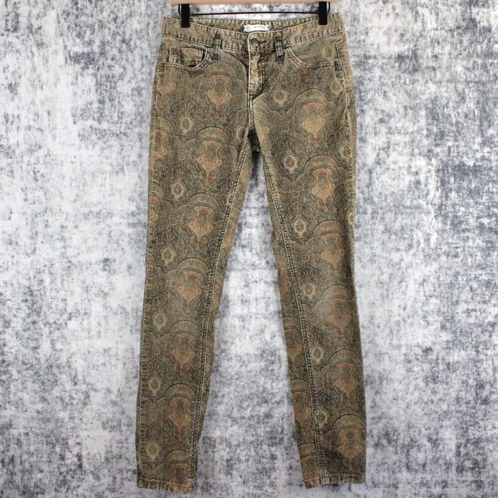 Free People Womens Size 26 x 30 Paisley Corduroy Pants Brown Tan Low Rise Slim